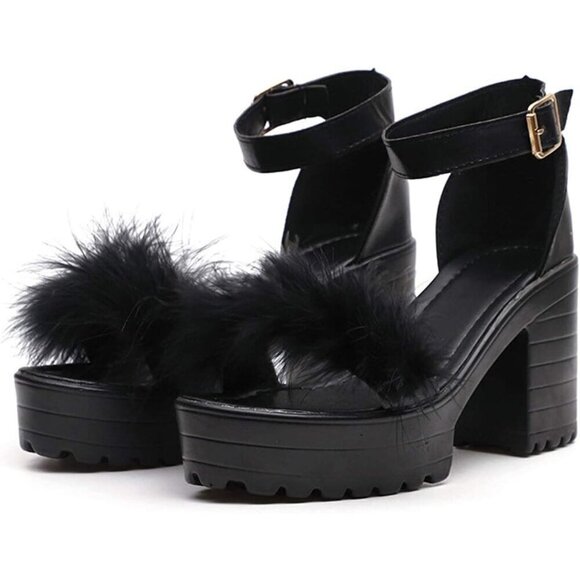 Chunky Platform Ankle buckle Feather embellished heels size 41 or US 9 - Picture 1 of 14